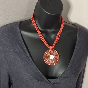 17.75 Inch Red Beaded Large Pendant Necklace